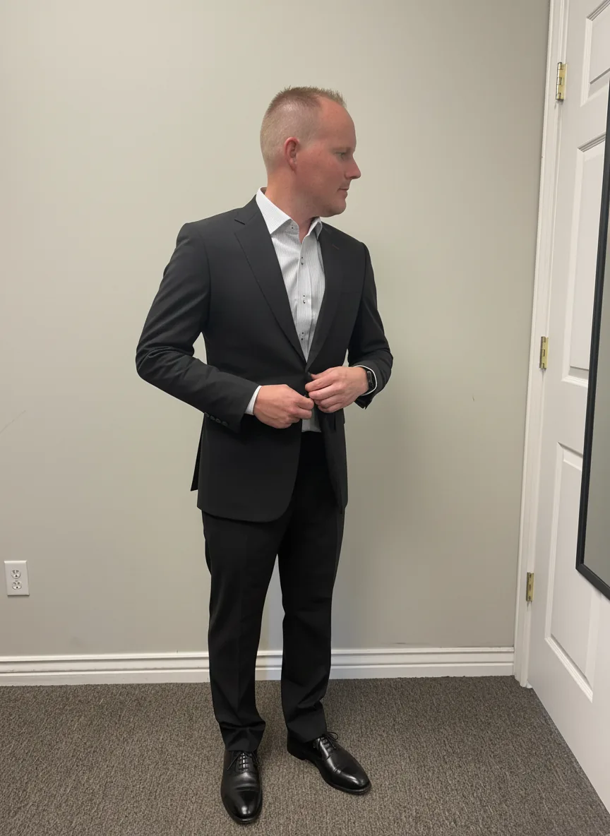 Client at a fitting in a black custom suit with a white shirt, esatto Custom, Layton